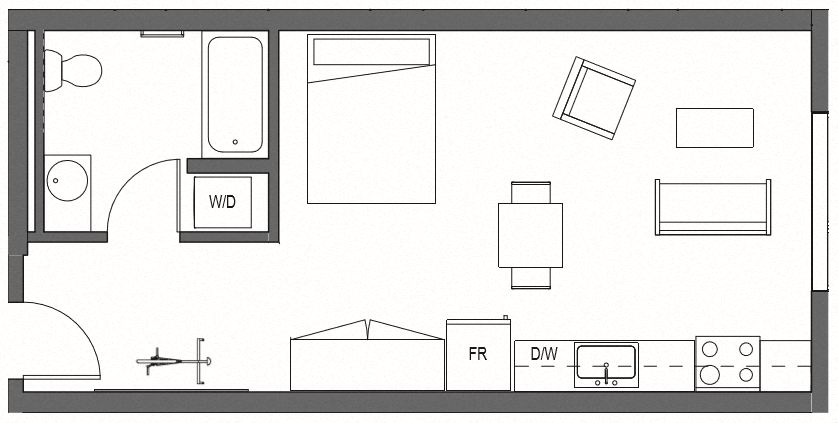 Floor plan for studio, 1 bath, 496 sqft